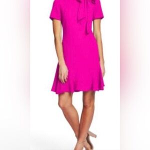 CeCe Hot Pink Tie-Neck Short Sleeve Swing Dress